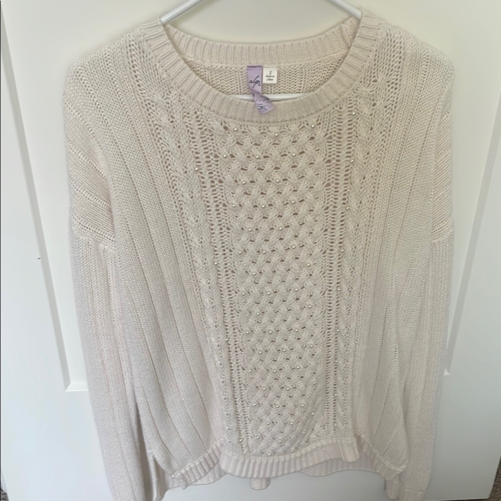 Light Cream Cable Knit Sweater with Beaded Detail - Women